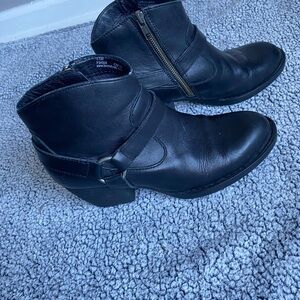 Born Black Leather Ankle Booties with Side Zip and Harness Accent